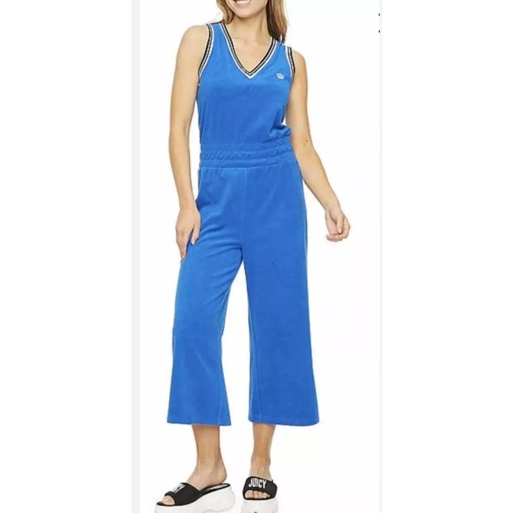 NEW: SMALL Womens Juicy Couture Vintage Royal Blue Splash Terry Jumpsuit Romper